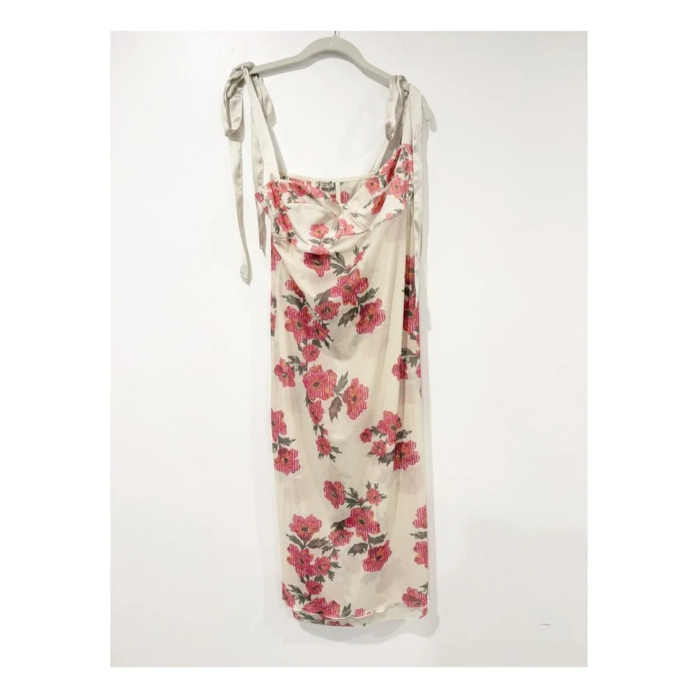 Free People Intimately Floral Mesh Midi Dress Ivory Pink XL New